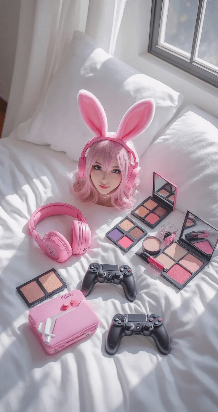Aesthetic flat lay of a D.Va cosplay look on a white bed, featuring a pink gaming headset, bunny hair accessories, makeup products, and a gaming controller, all arranged symmetrically in soft pinks, whites, and purples, illuminated by bright morning light.
