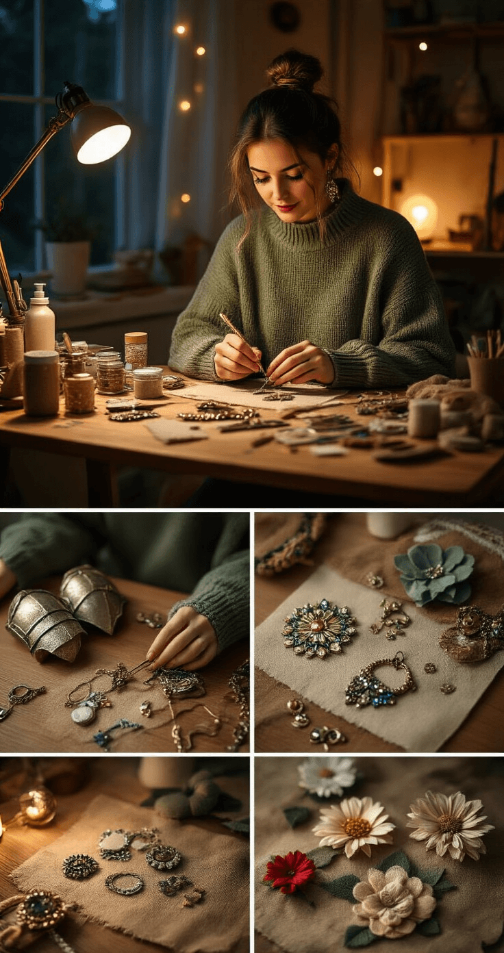 A cozy creative workspace scene with a woman crafting DIY costume accessories, illuminated by warm table lamps and string lights. She wears wide-leg cotton pants and an oversized sage green sweater, surrounded by a wooden desk filled with crafting supplies like metallic paints, foam materials, and jewelry-making tools. Half-finished props illustrate various stages of the creative process, emphasizing her focused, delicate handiwork amidst rich textures and vibrant colors.