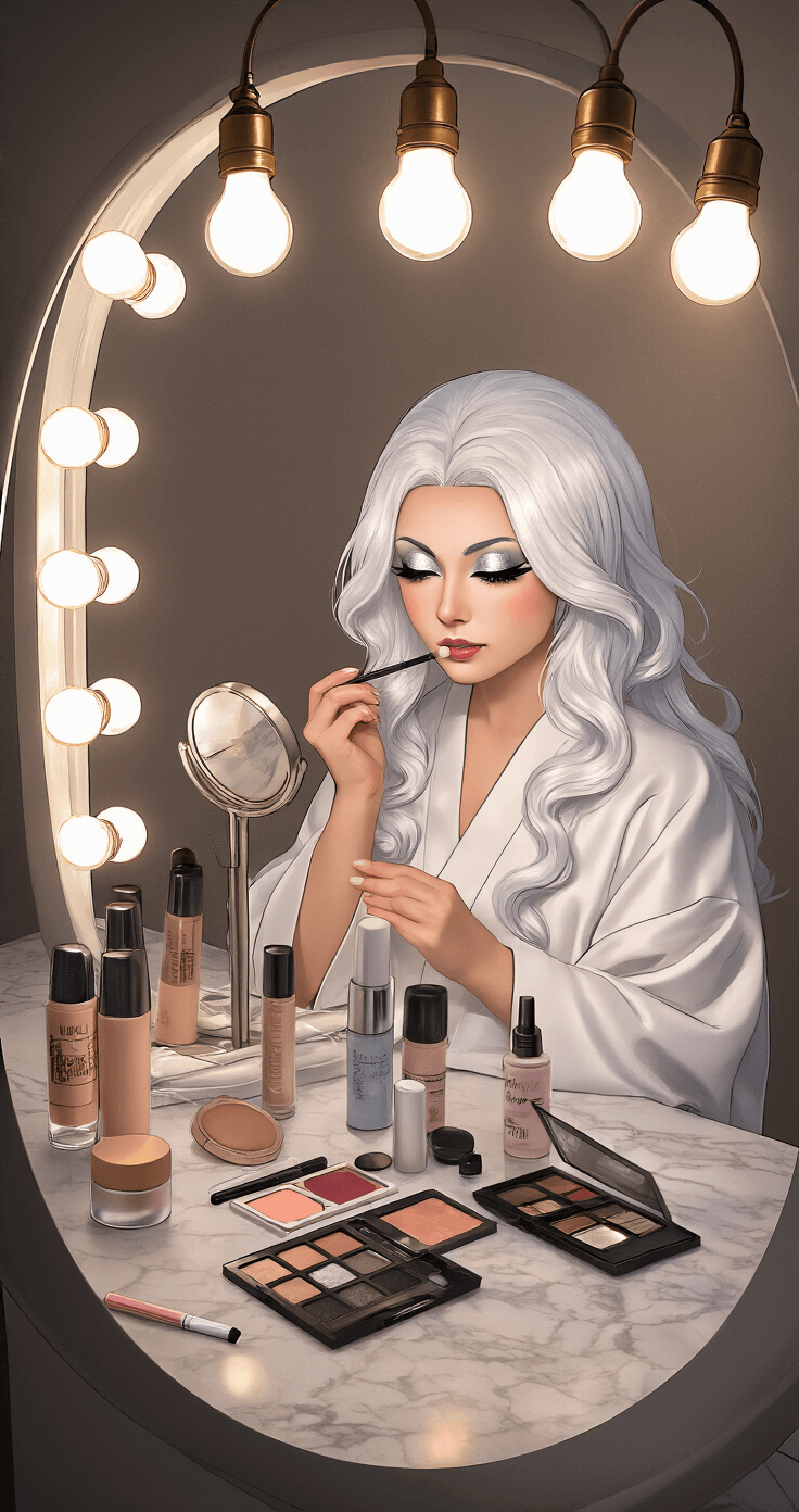 A woman in a cozy vanity corner, dressed in a flowing white kimono-style robe, applies pale foundation and silver eyeshadow while surrounded by professional makeup products. Her white cosplay wig cascades around her shoulders as she focuses on perfecting her dramatic winged eyeliner in a well-lit space with vintage Hollywood-style bulb lighting.