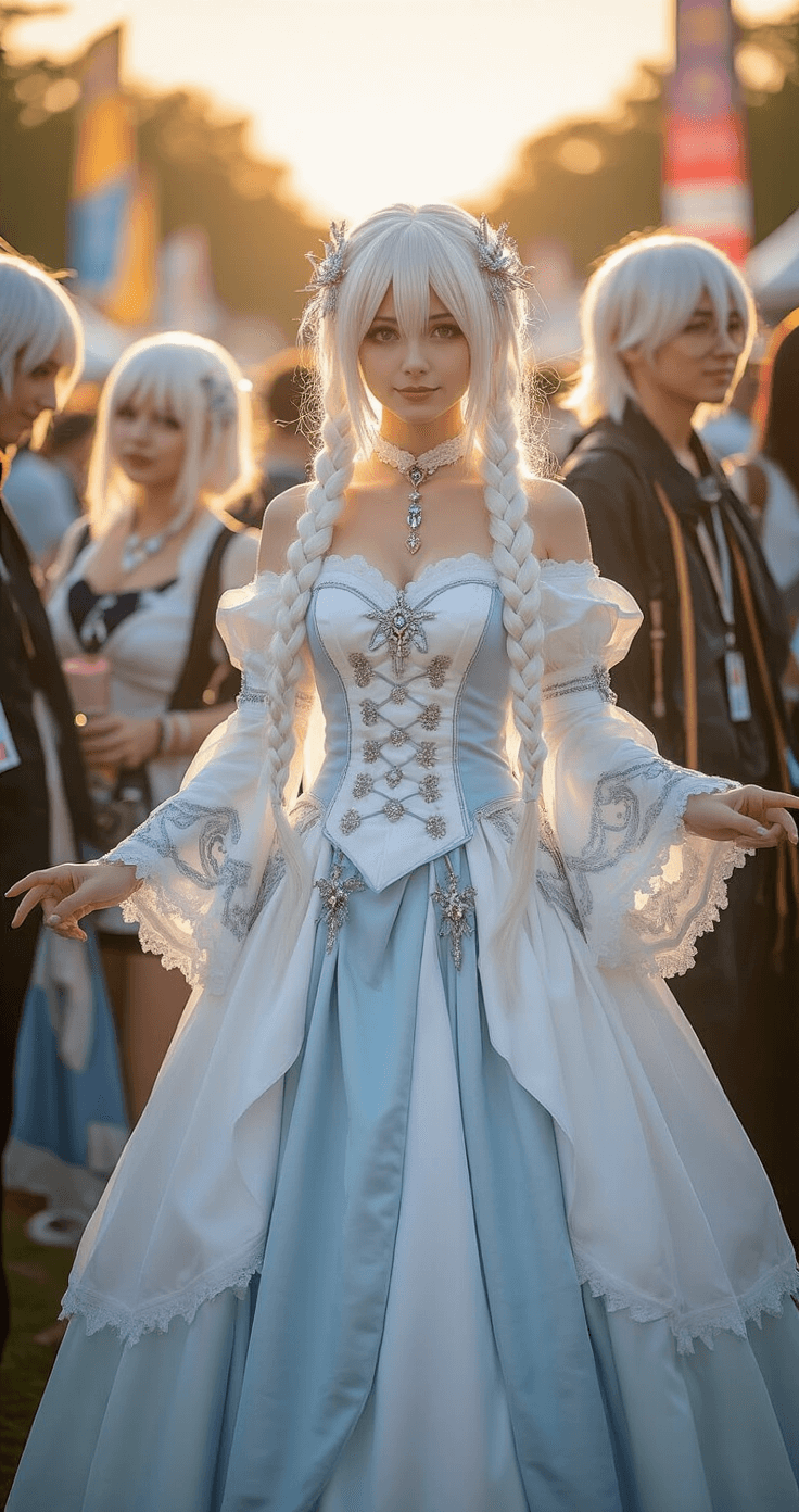 A group of friends at a vibrant outdoor cosplay convention during golden hour, showcasing diverse white-haired character interpretations in elegant costumes, with one in a blue gown and others in various white hair styles.