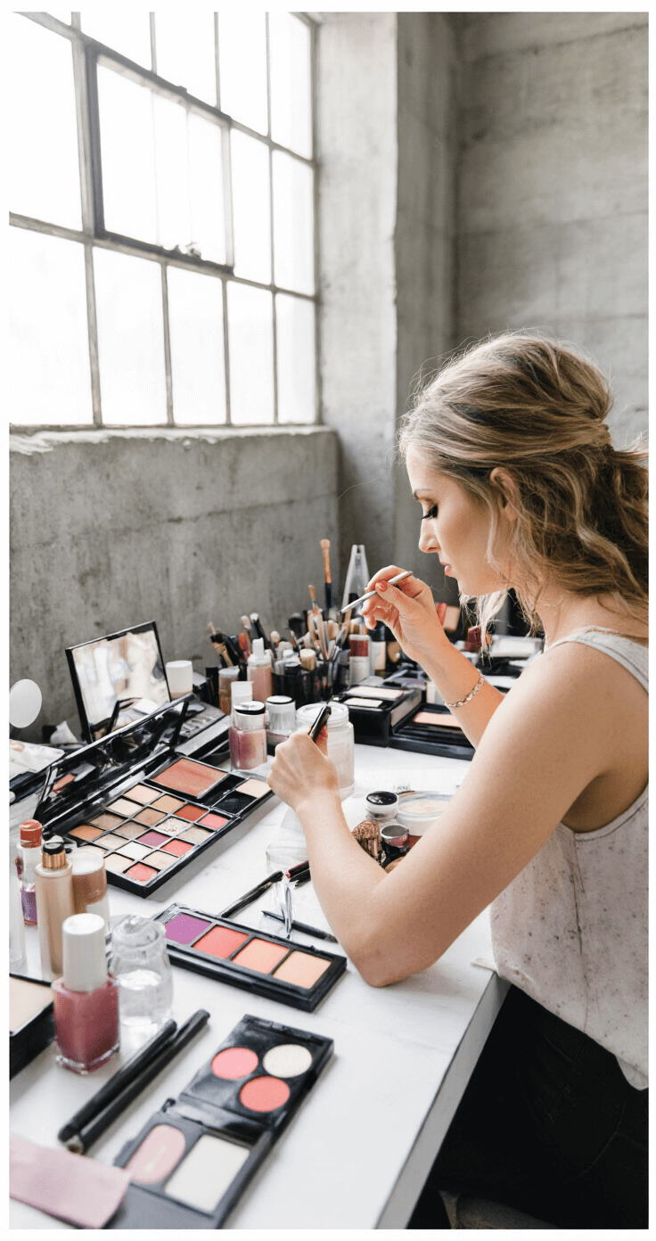 Cosplay Makeup Mastery: A Complete Guide to Character Transformation Behind-the-scenes view of a makeup artist applying touch-up techniques in a convention preparation space, with natural light illuminating industrial-concrete walls adorned with vibrant makeup tools and products.