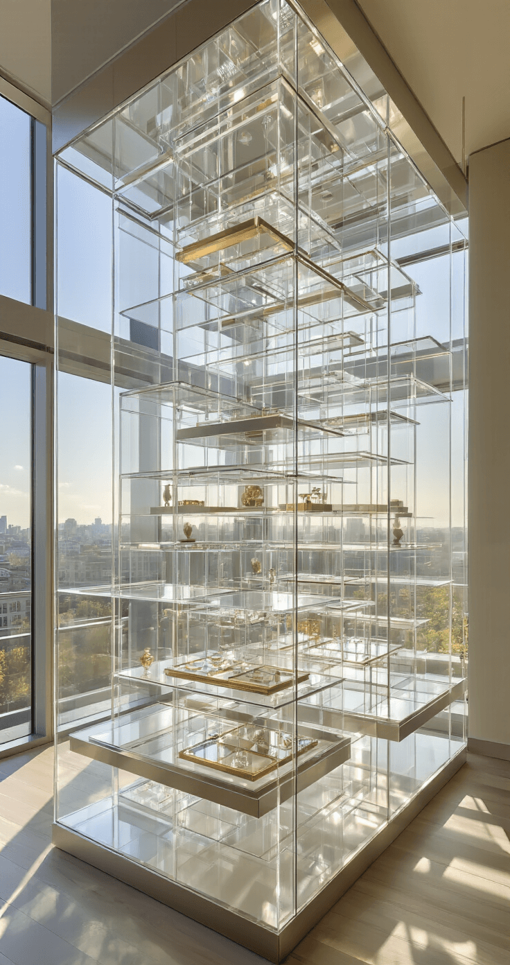 A luxurious collecting room featuring multi-tiered acrylic displays, illuminated by afternoon sunlight filtering through smart glass windows, showcasing a cascading effect with crystal-clear acrylic risers of varying heights and a color palette of clear acrylic, brushed silver, and subtle gold accents.