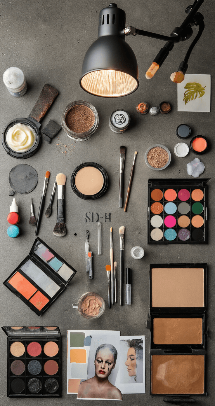 Ultimate Cosplay Makeup Guide: From Beginner to Pro Character Transformations A modern makeup artist workspace featuring industrial-chic elements, showcasing a detailed flat-lay of special effects supplies including wax, paint palettes, and specialized tools, with overhead lighting casting subtle shadows that highlight textures. Character reference photos are tastefully arranged alongside the products, emphasizing organization and professionalism in a commercial photography style.