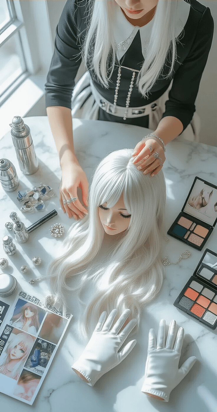 A flat lay of cosplay essentials on a marble surface, featuring a premium white wig as the centerpiece, surrounded by temporary hair color sprays in silver and platinum, ergonomic wig styling tools, cool-toned makeup palettes, character reference photos, white leather gloves, pearl accessories, metallic silver cardboard props, thrift store finds, and DIY materials, all arranged thoughtfully to illustrate the creative process of cosplay preparation.
