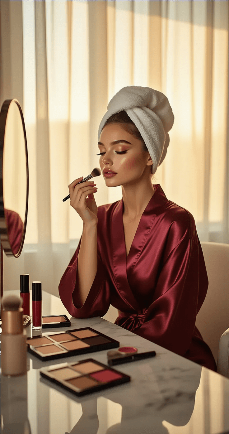 A young woman in a burgundy silk robe sits at a modern marble vanity, applying makeup with professional brushes in a bright, minimalist bedroom illuminated by golden hour sunlight. Her hair is wrapped in a towel, with high-end cosmetics arranged around her, creating a warm, cinematic glow on her porcelain skin.
