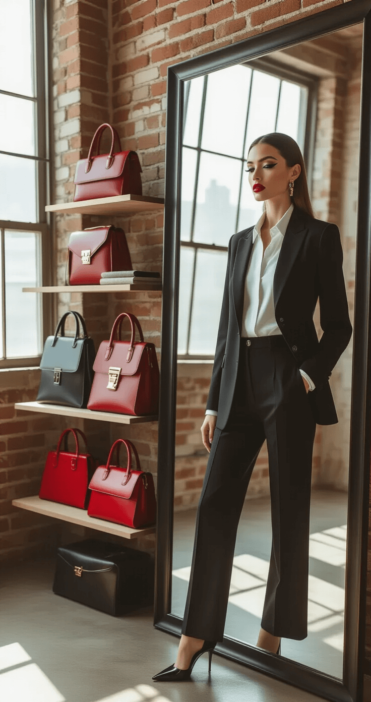 A fashionable woman in a tailored black blazer and high-waisted trousers stands in front of a mirror in a chic urban loft with exposed brick walls, styled with bold makeup and luxury handbags on floating shelves, illuminated by soft afternoon light from industrial windows.