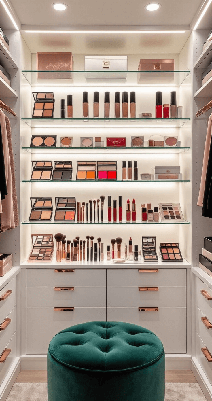 A well-lit walk-in closet featuring an organized collection of high-end makeup products on glass shelves, illuminated by soft LED lighting. The display includes foundations, concealers, neutral and bold eyeshadow palettes, red lipsticks, professional makeup brushes in elegant holders, and colored contact lenses in clear cases. Clean white storage with rose gold hardware complements a deep emerald velvet ottoman at the center, captured from above to highlight the aspirational beauty sanctuary atmosphere.
