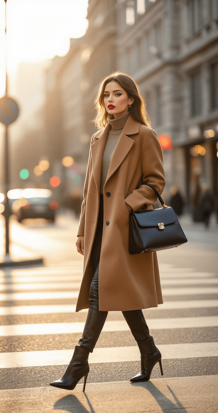 A confident young woman in a camel wool coat and turtleneck walks purposefully on a trendy city street corner during golden hour, with sharp makeup and a black structured handbag. Her leather ankle boots click on the pavement as warm evening light creates rim lighting around her silhouette, set against modern architecture and glowing streetlights.