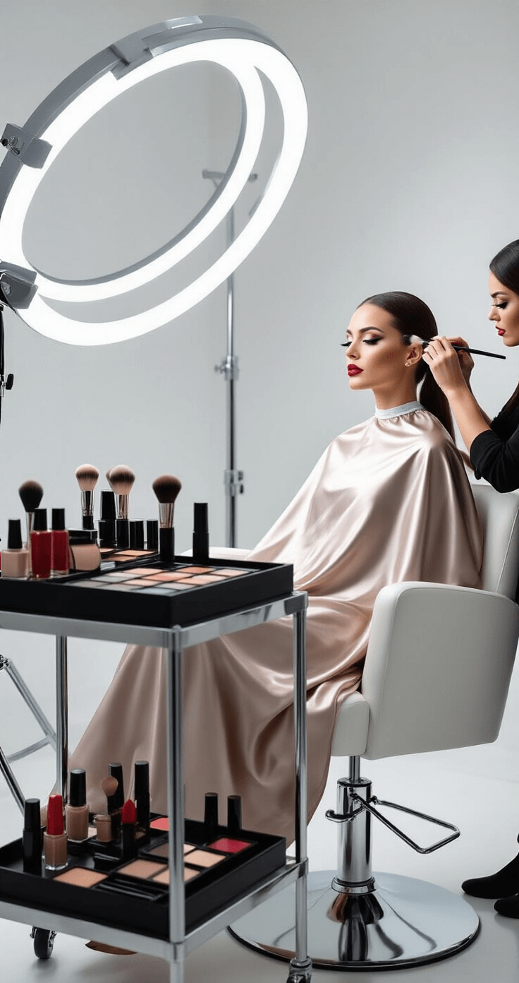 Sophisticated beauty studio featuring a model in a modern chair with a makeup artist applying bold cosmetics, surrounded by high-end makeup products on a sleek cart, illuminated by professional lighting.
