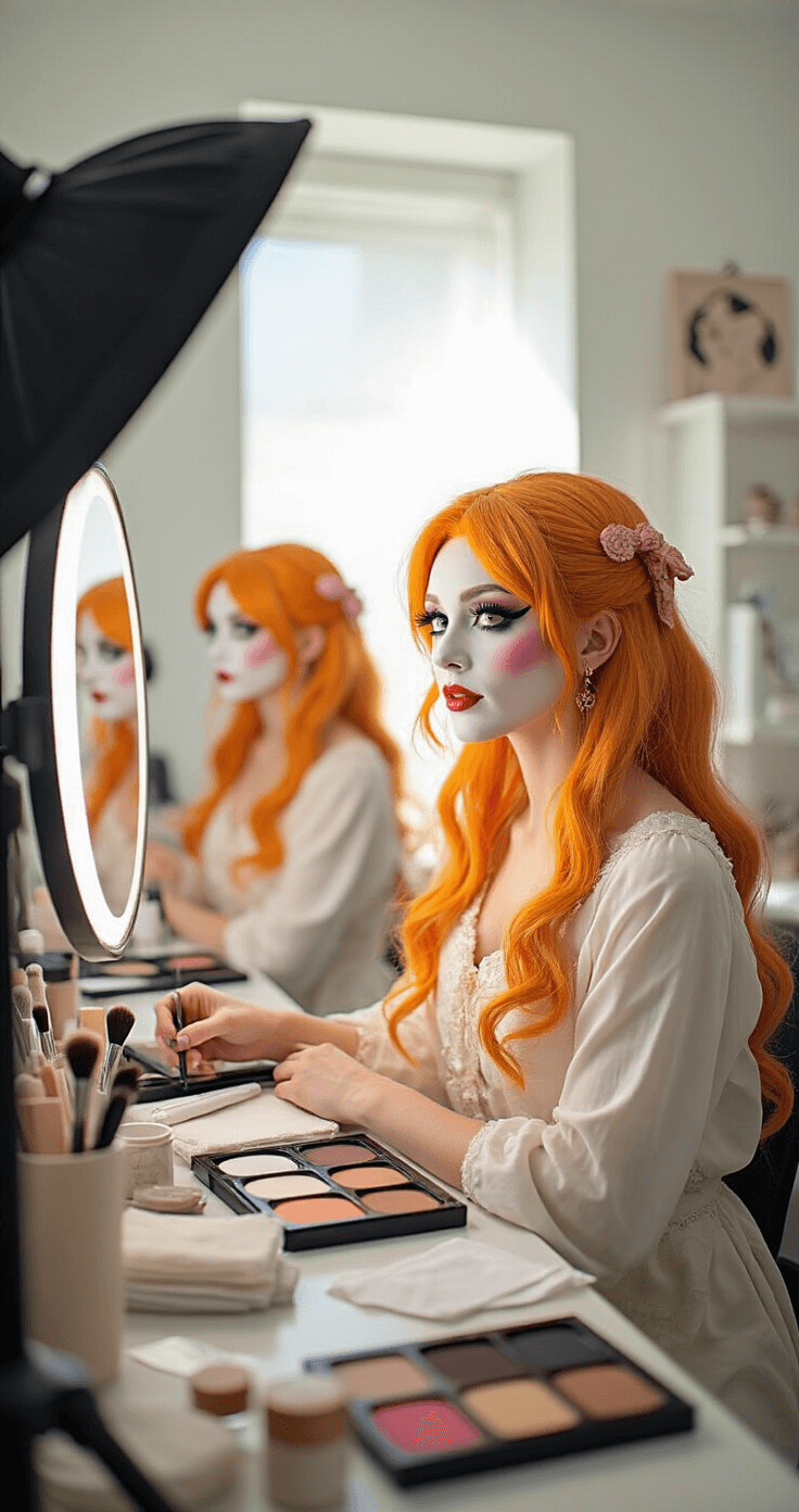 Ultimate Cosplay Makeup Guide: From Beginner to Pro Character Transformations A vibrant makeup studio scene showcasing a detailed cosplay transformation, with multiple mirrors reflecting various angles of the character makeup, an organized station equipped with touch-up supplies, and a blend of natural and professional lighting illuminating the creative process.