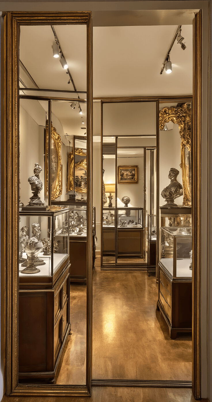 An elegant display room filled with premium collectibles, featuring ornate antique mirrors and modern display cases, bathed in warm golden hour light, creating rich reflections and depth.