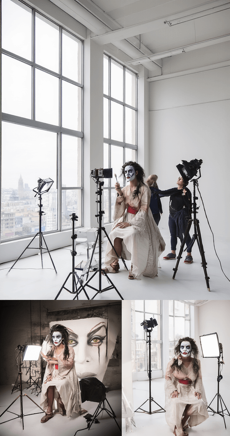 Cosplay Makeup Mastery: A Complete Guide to Character Transformation A modern apartment with a clean aesthetic, featuring a character makeup testing session by large windows with soft natural light. Various light setups are visible for testing makeup under different conditions, while a high-end camera captures the dramatic transformation and rich detail of the makeup.