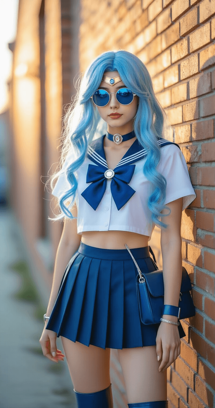 A confident cosplayer portraying a modern Sailor Mercury poses against an urban brick wall at golden hour, featuring ice-blue hair, a navy mini skirt, white blouse, and knee-high midnight blue leather boots, accessorized with silver jewelry and blue sunglasses, captured from a low angle.
