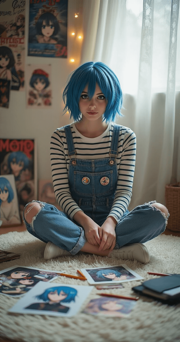 A cosplayer with short blue hair sits cross-legged on a cozy bedroom floor, surrounded by character reference images, wig options, and cosplay planning materials, as natural light filters through gauze curtains, illuminating her creative workspace adorned with anime posters and fairy lights.