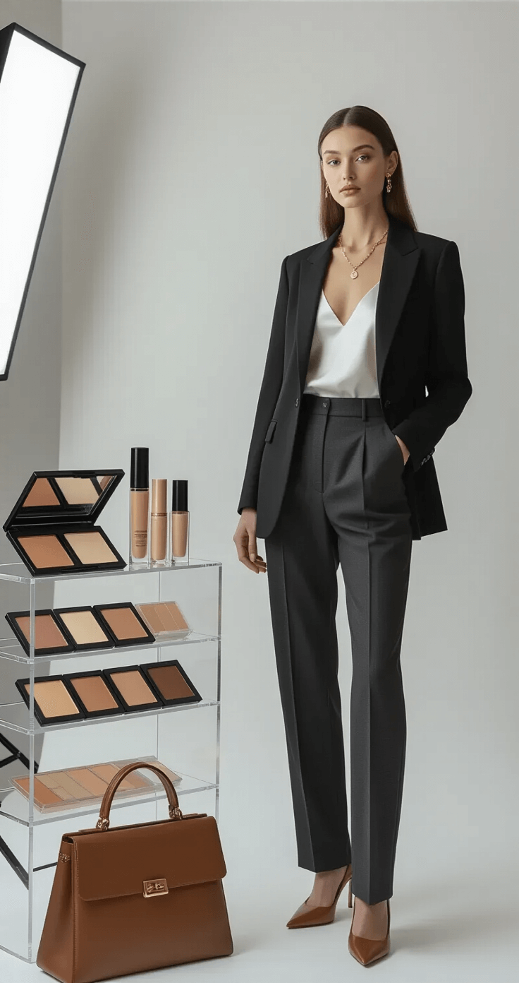 A fashion model demonstrates flawless makeup application in a minimalist studio with white walls, wearing a black blazer over a white camisole and high-waisted charcoal trousers. Various makeup products are displayed on a clear acrylic organizer, highlighting her smooth foundation technique under bright, even lighting.