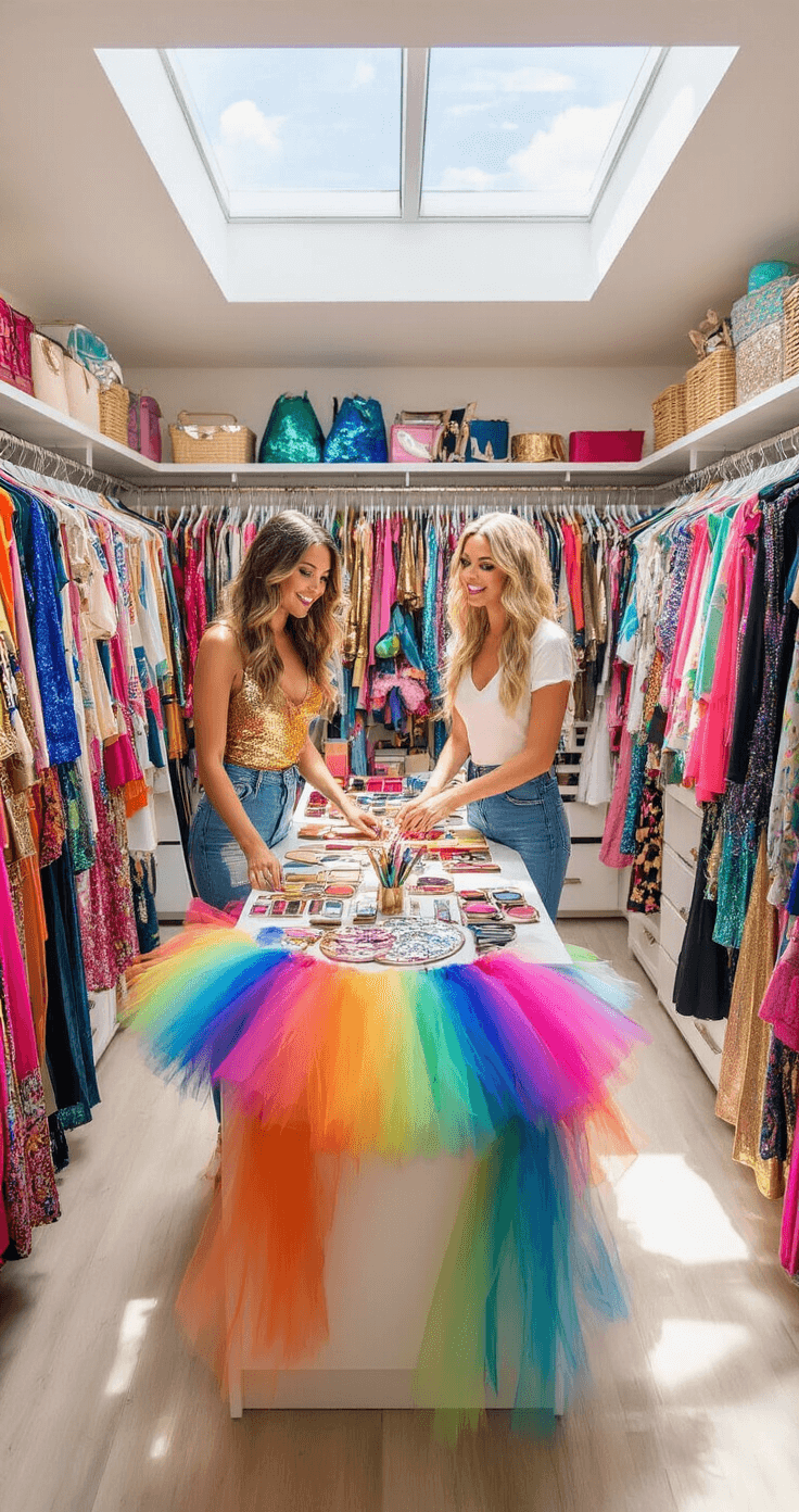 Two fashionable women in a bright walk-in closet filled with colorful costumes and wardrobe staples, sorting through vibrant fabrics and accessories under natural light from skylights, wearing casual denim and tees amidst a lively array of tutus, leggings, and makeup palettes.