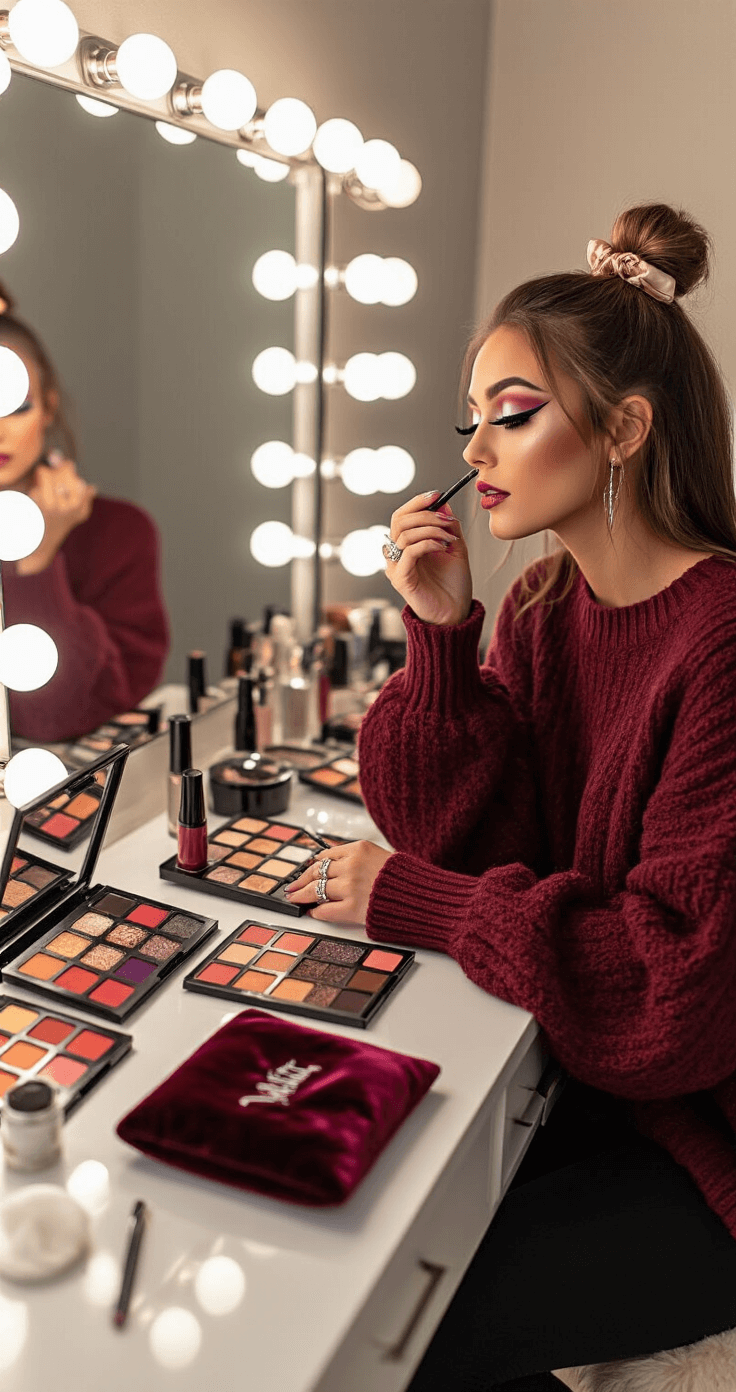 A young woman in a cozy burgundy sweater applies dramatic eye makeup at a contemporary vanity with Hollywood-style lighting, showcasing colorful eyeshadow palettes and dramatic lashes, while captured in a side profile.