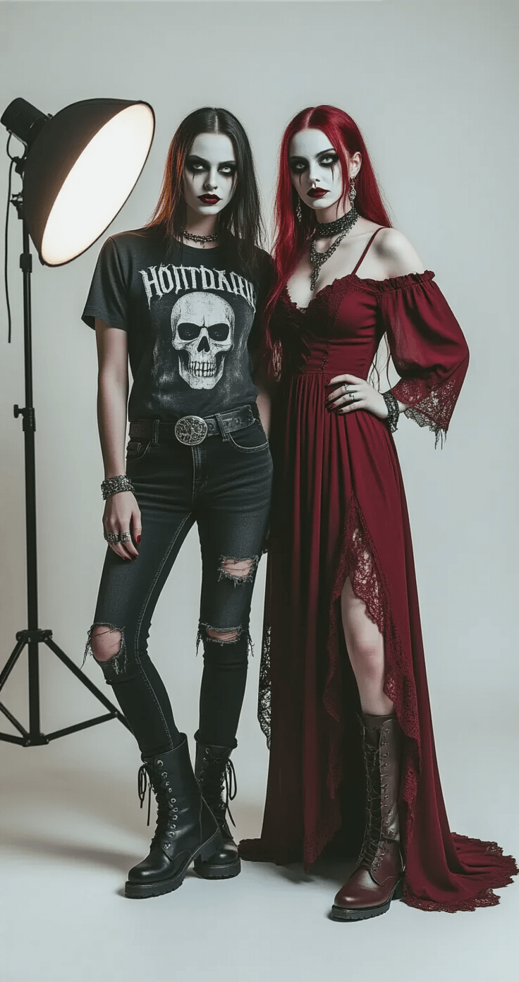 A stylish duo in horror-themed costumes poses in a minimalist studio with ring lighting; one wears a distressed vintage band tee and ripped jeans, while the other dons a flowing burgundy dress. Their dramatic makeup and accessories enhance the striking visual impact against a clean white backdrop, with controlled lighting accentuating the textures of their outfits.