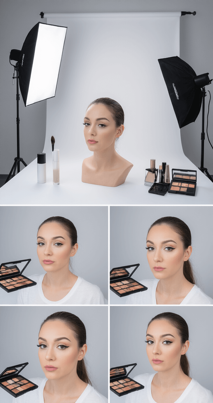 Ultimate Cosplay Makeup Guide: From Beginner to Pro Character Transformations A clean, minimalist photography space showcasing a step-by-step character makeup tutorial, featuring professional lighting from multiple angles that eliminates shadows. The organized setup highlights application techniques and tools with ultra-sharp focus, emphasizing educational detail in beauty photography.