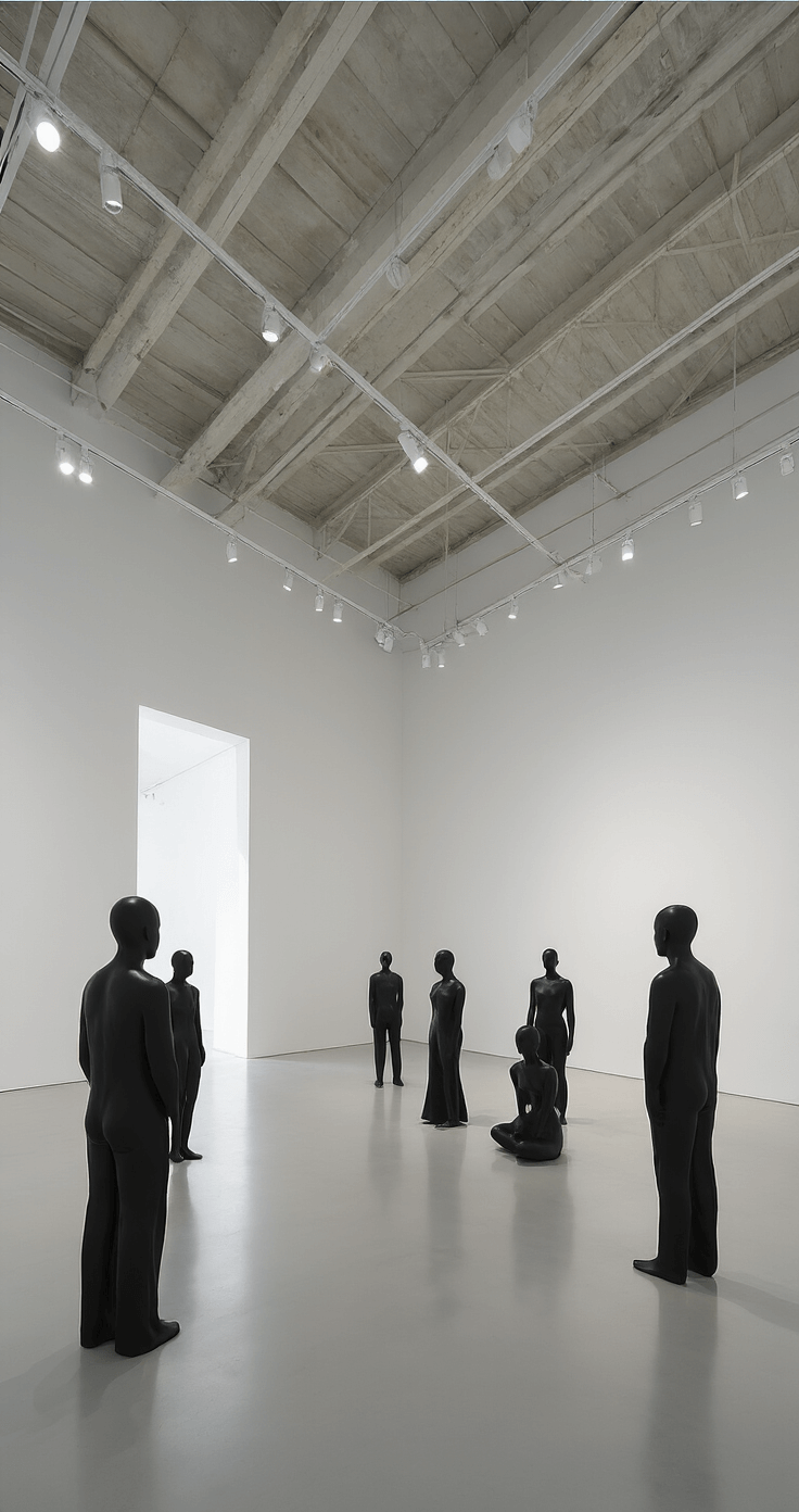 A minimalist gallery space featuring pure white walls and overhead track lighting, showcasing three figures arranged in a precise triangular grouping. Soft early morning light casts subtle shadows across the room, emphasizing intentional negative space within the 10x15ft area, complemented by a color palette of gallery white, light grays, and black accents.