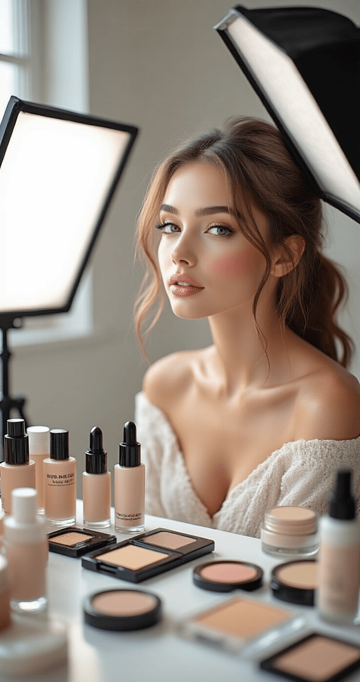 Cosplay Makeup Mastery: A Complete Guide to Character Transformation Cozy home studio showcasing a professional lighting setup for waterproof makeup application, with organized setting sprays and powders, illuminated by soft box lighting for close-up beauty shots of product layering.