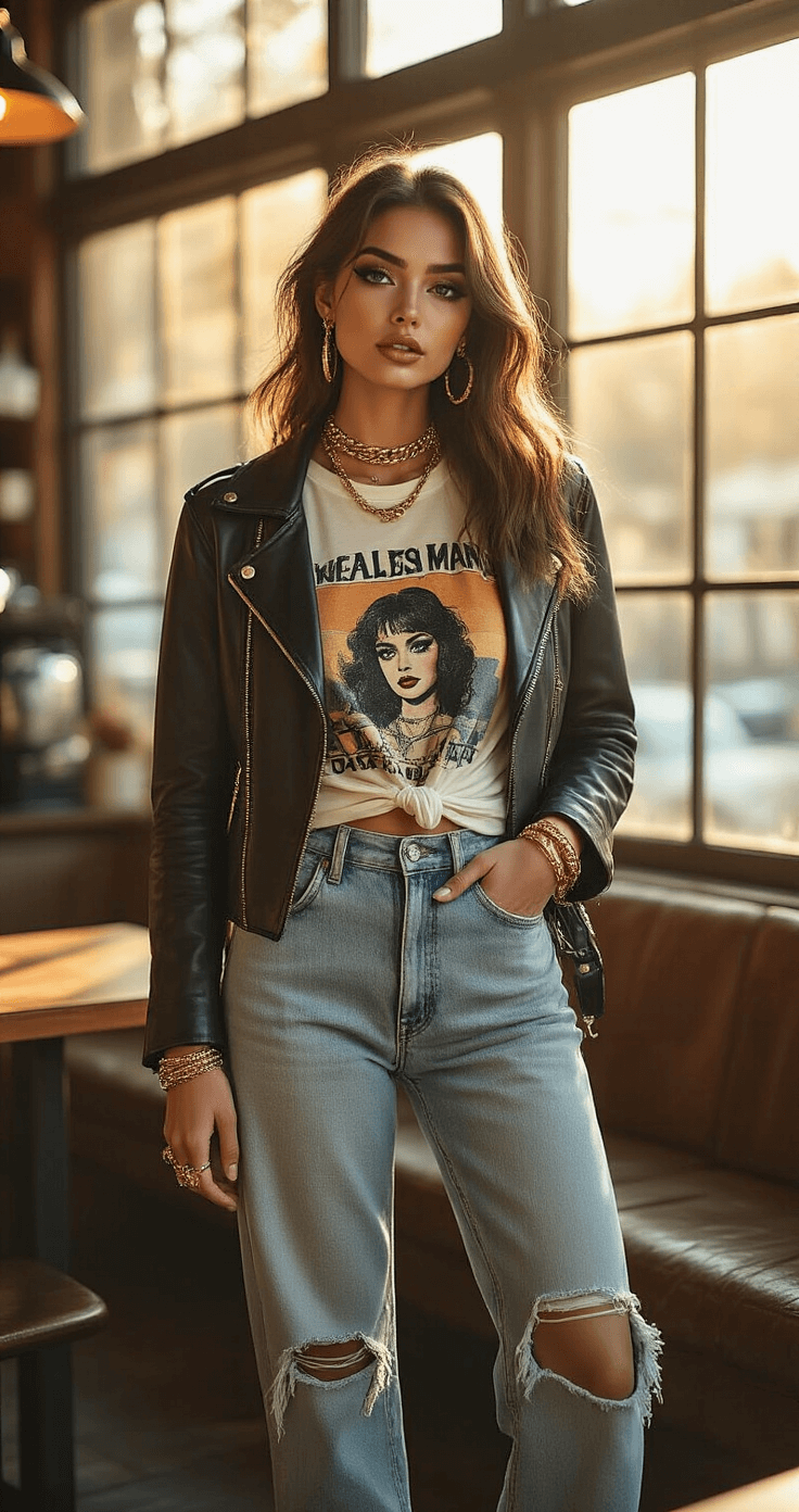 A fashionable woman confidently posed in a trendy coffee shop during golden hour, wearing a vintage band tee knotted at the waist, high-waisted distressed denim, chunky white sneakers, and layered gold jewelry. Her bold Halloween-inspired makeup features graphic eyeliner and glossy lips, while a leather jacket drapes over her shoulders. Warm light filters through large windows, highlighting her stylish outfit against a backdrop of rich textures and a classic palette of blues, whites, and golds with red accents.