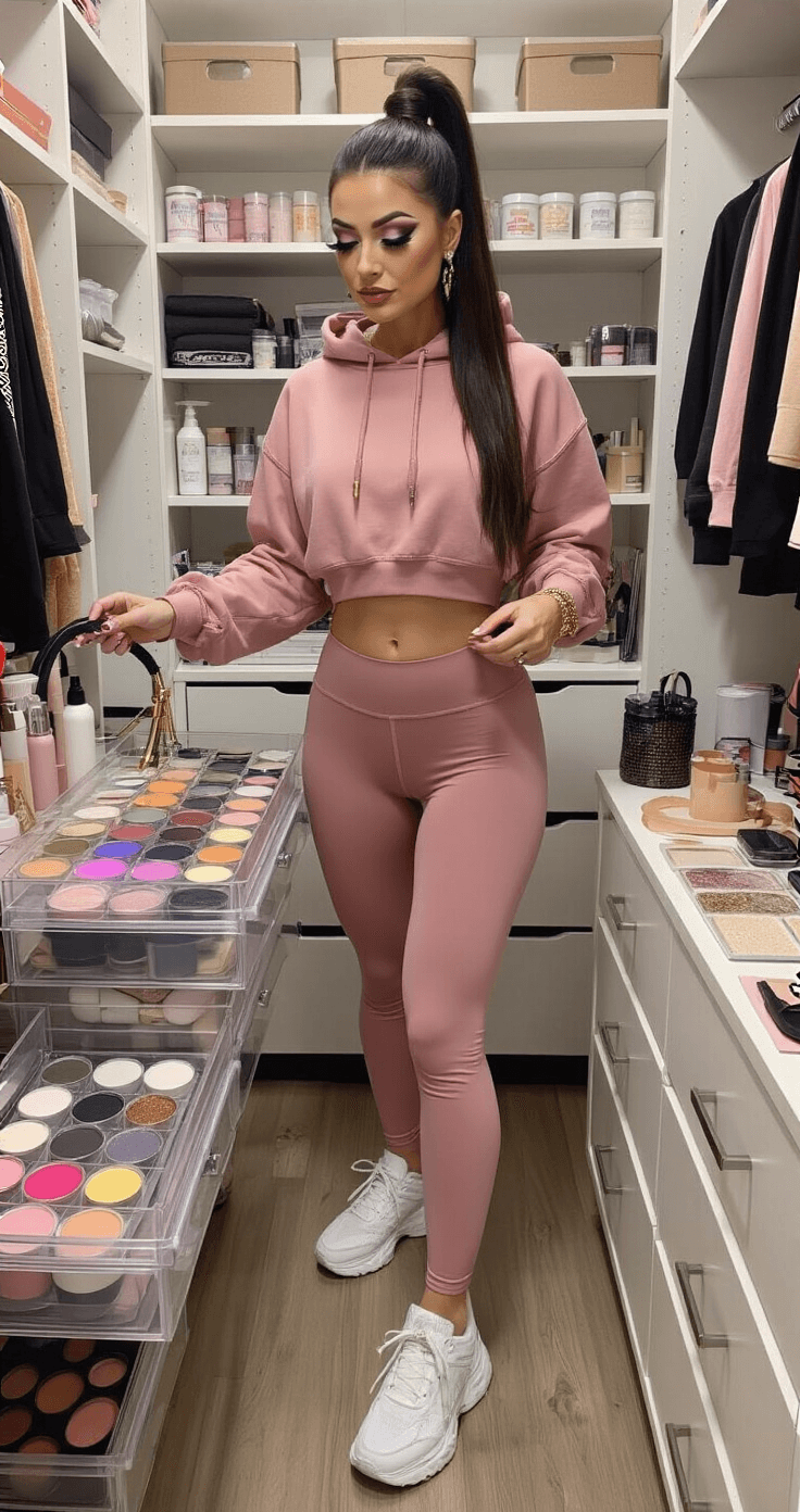 A vibrant walk-in closet filled with organized special effects makeup supplies, featuring a cosplayer in a dusty rose cropped hoodie and high-waisted leggings, arranging colorful face paints and glitters in clear acrylic drawers, captured from an overhead angle.