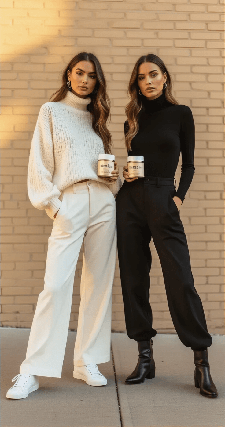 Two women in coordinated 'Salt and Pepper' costumes, one in all-white and the other in all-black, pose confidently in an outdoor urban setting during magic hour, with soft golden light illuminating a clean brick wall backdrop.