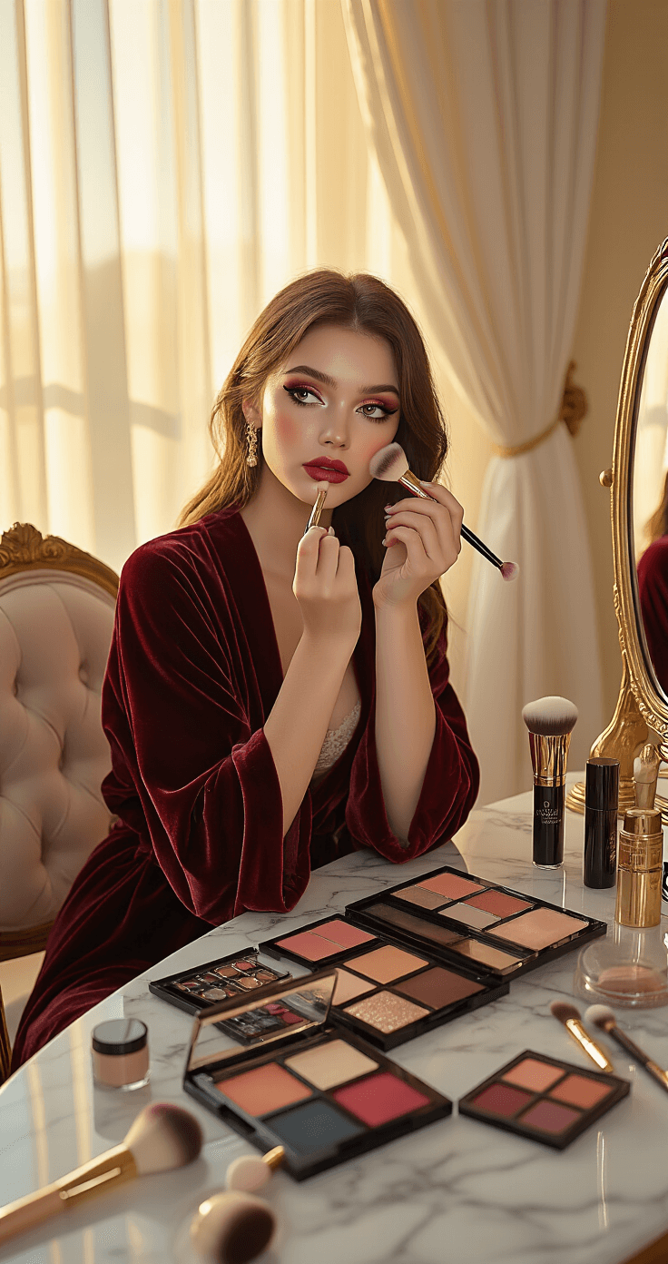 A young woman in a burgundy velvet robe applies FNAF-inspired theatrical makeup at an elegant vanity table, surrounded by rich palettes and brushes, as natural light streams through sheer curtains.