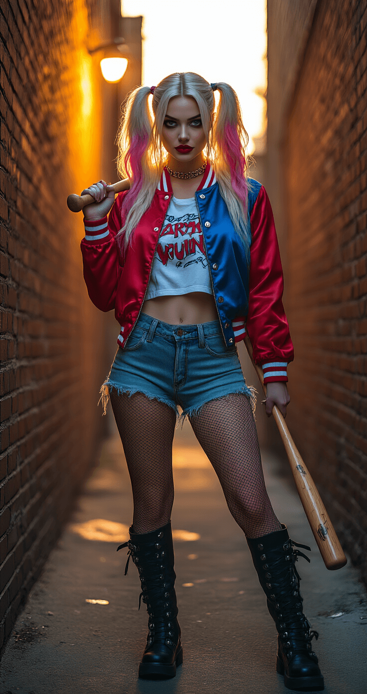 A confident blonde woman in a red and blue baseball jacket and distressed denim shorts leans against a brick wall in a dimly lit urban alley during golden hour, holding a wooden baseball bat. Her wavy hair features pink and blue streaks, and she wears fishnet stockings and black combat boots, embodying Harley Quinn's rebellious spirit.