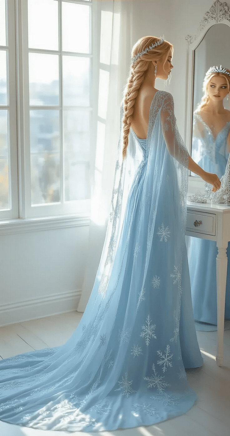 A blonde woman in an ethereal ice-blue gown with silver snowflake embroidery stands in a minimalist bedroom, adjusting her gown in front of a full-length mirror, with soft morning light illuminating the space and delicate jewelry on a nearby vanity.
