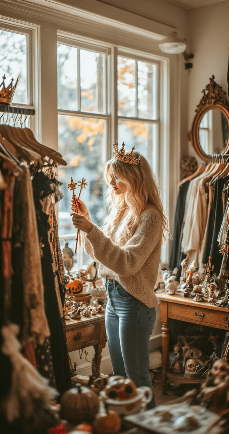 A blonde woman in a casual cream sweater and high-waisted jeans browses Halloween accessories in a cozy vintage boutique, holding various crowns and wands in warm afternoon light streaming through large windows. The scene features organized costume displays, vintage mirrors, and scattered props, creating an inviting shopping atmosphere.
