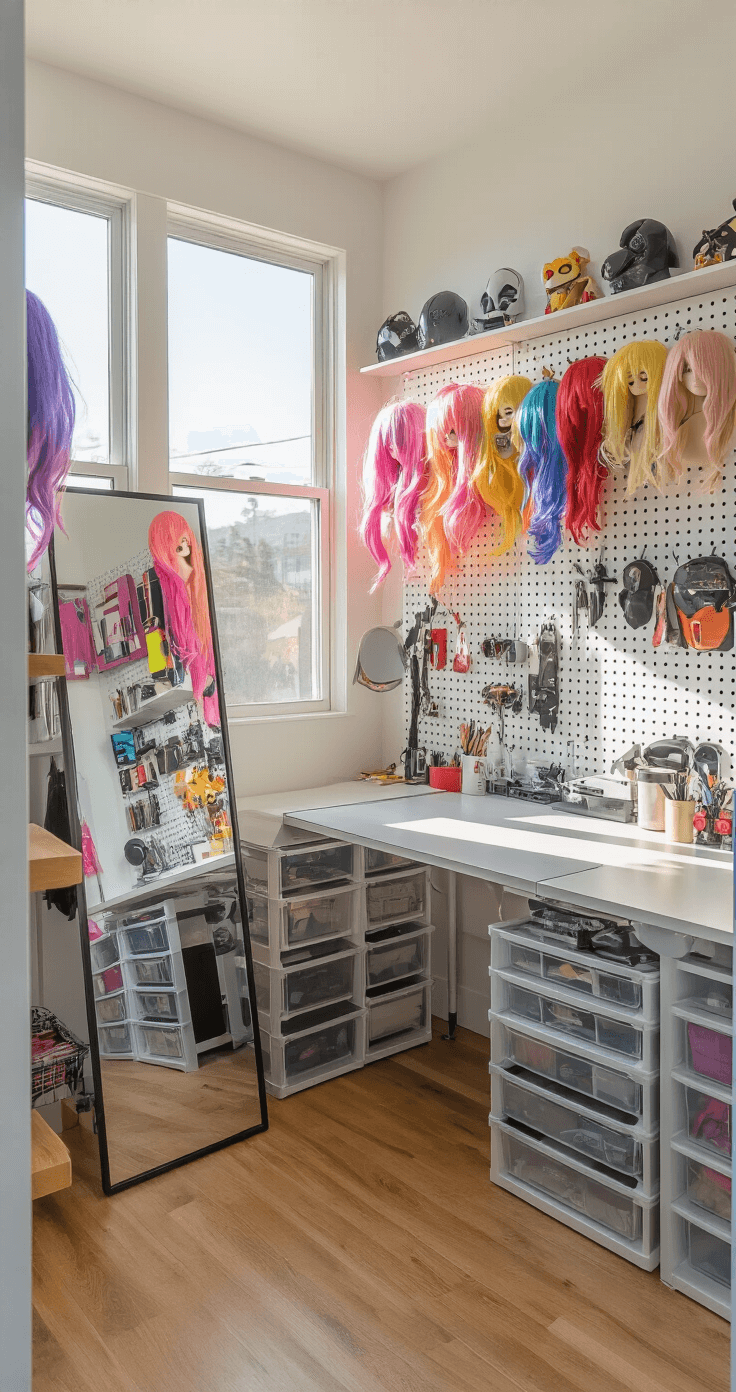 Small Space Cosplay Hacks: Maximizing Creativity in Minimal Rooms A sun-drenched cosplay studio apartment featuring clever vertical storage, white walls with pegboards displaying colorful wigs, an L-shaped workspace with a collapsible cutting table, organized LED-lit costume pieces in clear bins, and props reflected in a full-length mirror, all highlighted by soft morning light.