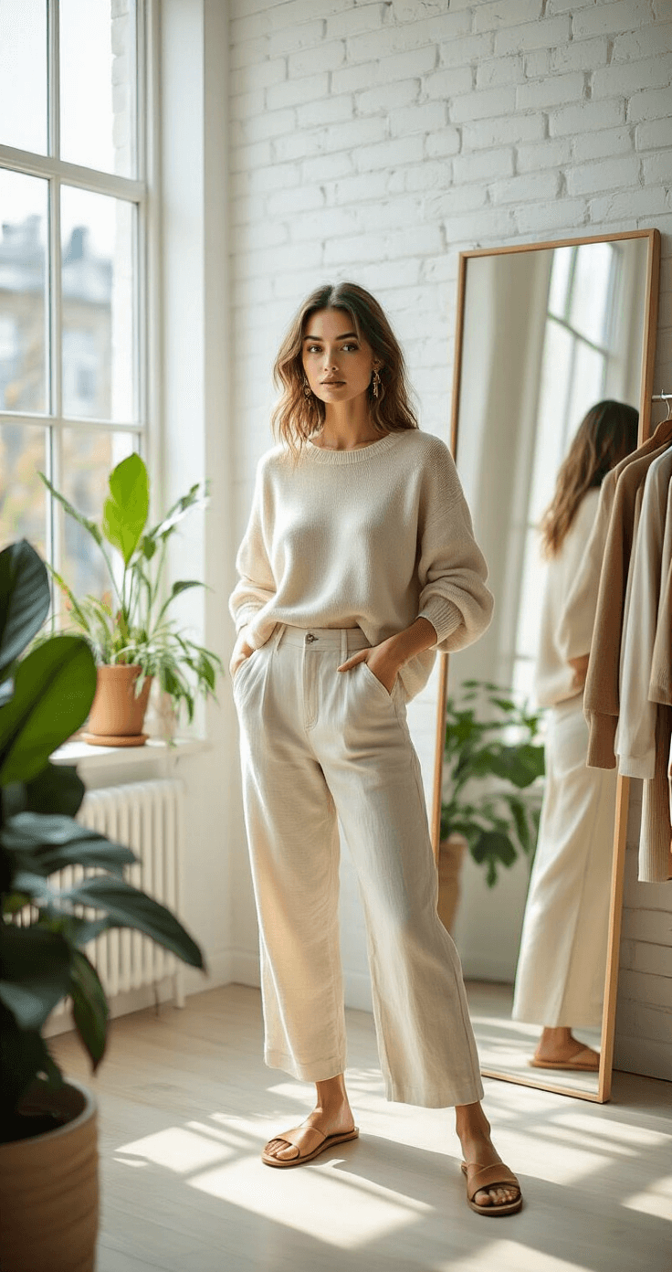 The Ultimate Guide to Nailing Your Gojo Cosplay: Tips from a Fellow Fan A fashion influencer in a sunlit minimalist studio apartment adjusts her outfit in front of a white brick wall, wearing cream linen pants and an oatmeal cashmere sweater, with gold jewelry accentuating her look. The space features floor-to-ceiling windows, clean lines, potted plants, and a clothing rack in neutral tones, captured with shallow depth of field.