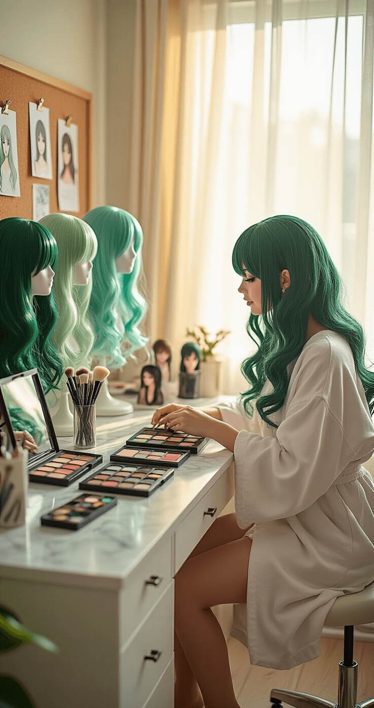 A young woman prepares for cosplay at a well-lit vanity surrounded by green wigs, makeup palettes, and styling tools, bathed in warm golden hour sunlight.