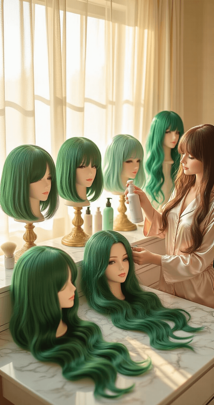 A serene bedroom scene featuring a cosplayer in silk pajamas tending to various green wigs on elegant mannequin heads. Soft golden sunrise light filters through sheer curtains, highlighting a marble vanity filled with wig care products and brushes. The atmosphere emphasizes self-care, with plush storage boxes and fresh eucalyptus, captured in a dreamy, artistic focus.