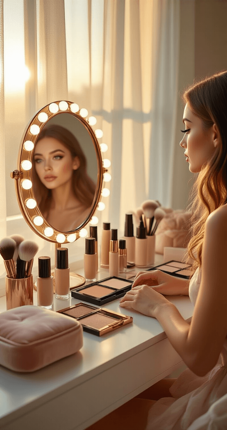 A modern bedroom vanity illuminated by golden hour sunlight, showcasing an organized collection of high-end makeup products. A young woman sits at the mirror, examining her porcelain skin base, surrounded by luxurious textures including velvet bags and soft brushes in warm neutrals and rose gold.