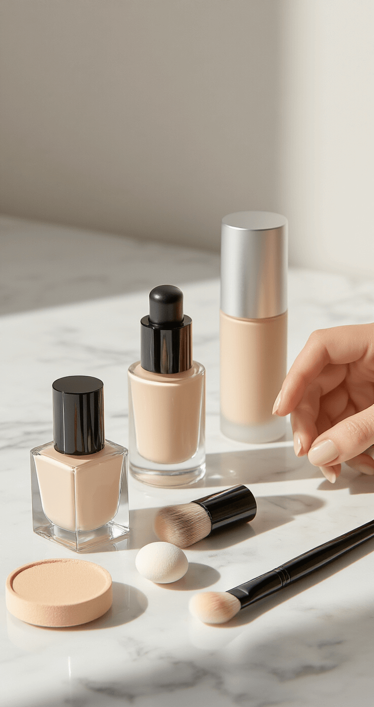 Close-up beauty shot in a minimalist studio with ring lighting, showcasing a model applying foundation using premium sponges and brushes on a marble surface. The scene features creamy foundations in glass bottles, soft brush bristles, and silicone beauty blenders, arranged in neutral tones and metallic packaging, captured at eye level in bright, even lighting.