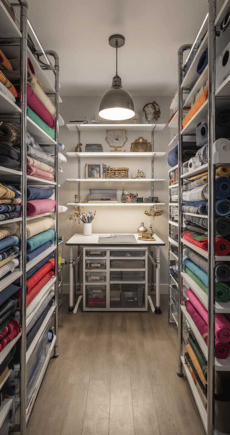 Small Space Cosplay Hacks: Maximizing Creativity in Minimal Rooms A compact costume laboratory in an 8x10ft bedroom workspace at golden hour, featuring vertical storage racks filled with neatly arranged fabric rolls, illuminated by LED strips and a warm pendant light over a centered folding craft table. The space boasts transparent storage, a color palette of cool grays and chrome with pops of rainbow materials, conveying a professional yet creative atmosphere.