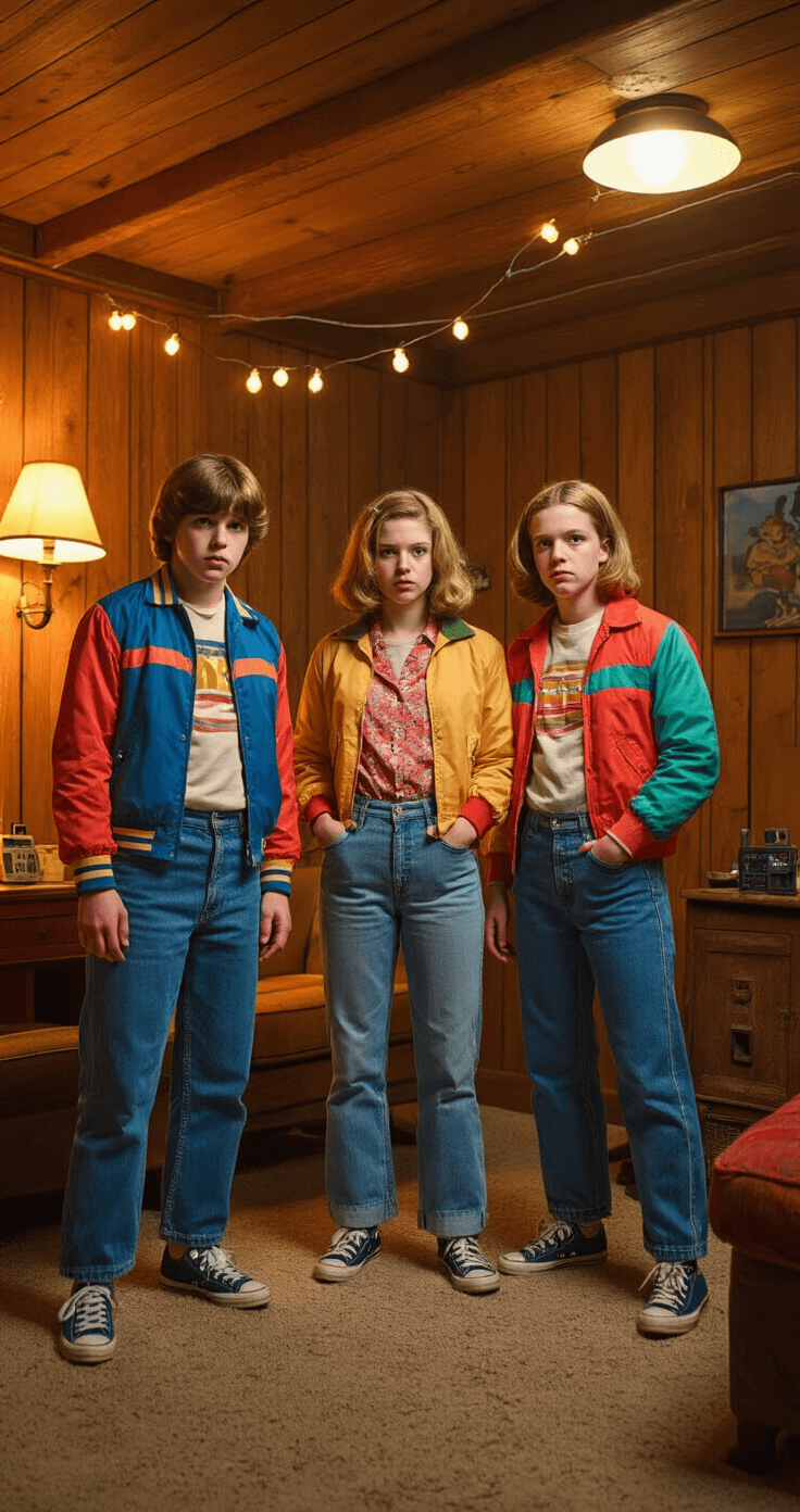 Trio Halloween Costumes: Ultimate Guide to Coordinating Your Squad's Look A retro-inspired scene featuring three models dressed in authentic 80s fashion, including high-waisted mom jeans and colorful windbreakers, set in a wood-paneled basement rec room. Warm ambient lighting from vintage table lamps illuminates the rich textures of denim, corduroy, and nylon, with retro props like walkie-talkies and string lights enhancing the nostalgic atmosphere. The image is captured in a documentary style with a slight film grain effect.
