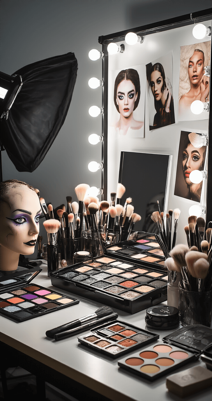 Dress to Impress: Your Ultimate Creating Show-Stopping Cosplay Outfits Close-up of a professional makeup station in a fashion photography studio, showcasing special effects makeup, colored contact lenses, and character-specific cosmetics, with high-end brushes and palettes. The workspace features reference photos and character sketches on an inspiration wall, illuminated by dramatic afternoon lighting.