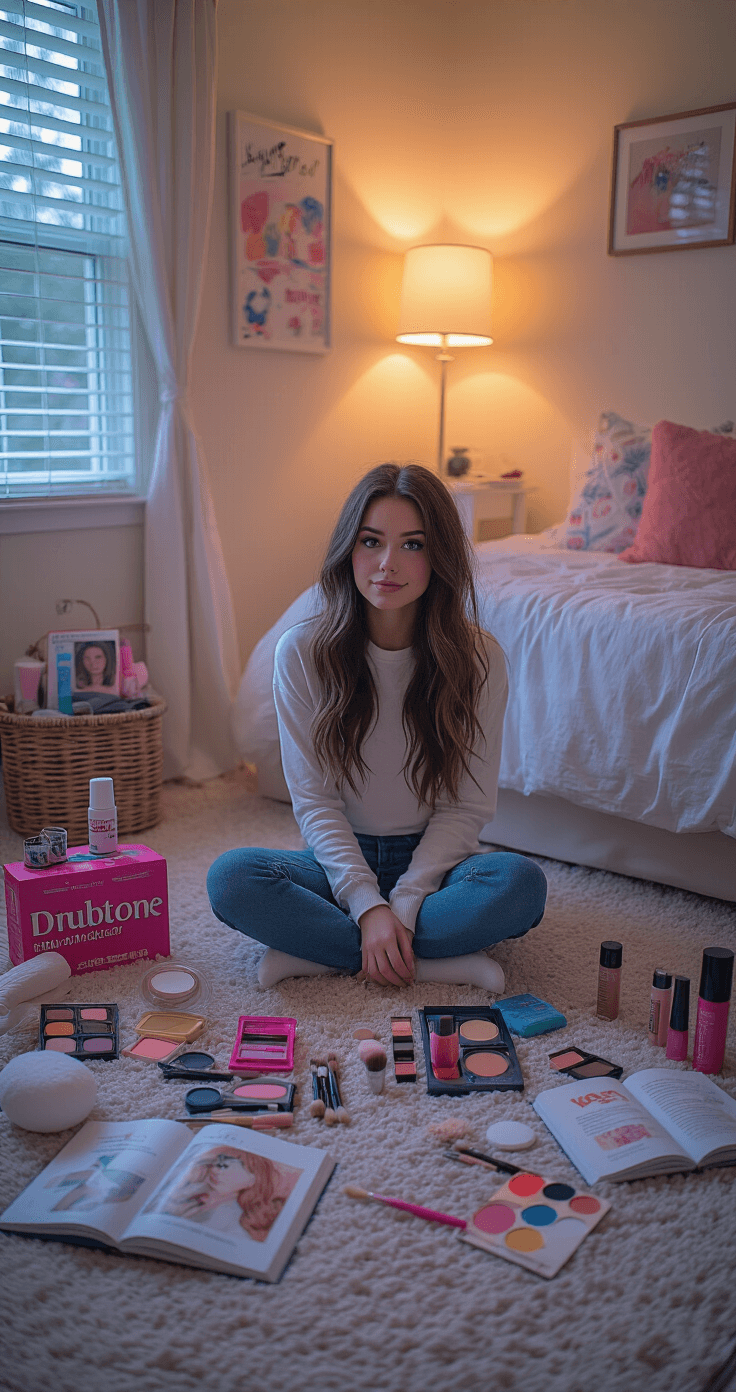 A cozy bedroom corner lit by soft evening lamps, featuring a cross-legged cosplay enthusiast on a plush carpet, surrounded by colorful budget-friendly makeup, synthetic brushes, and open tutorial books, all harmonized in warm neutral tones and vibrant packaging colors.