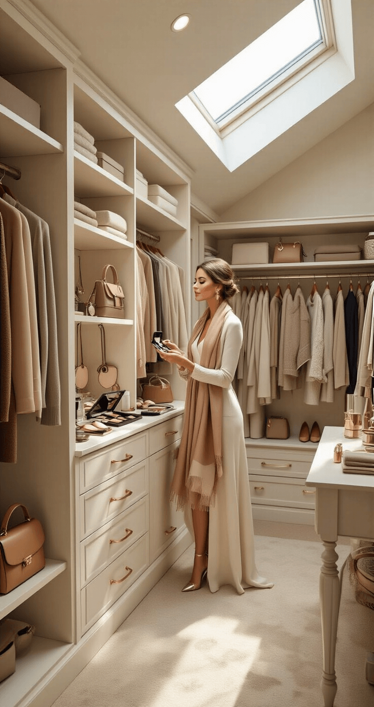 A chic walk-in closet filled with luxurious textures and refined neutrals, featuring a confident woman admiring her makeup look while selecting stylish outfits; skylights illuminate the space, highlighting polished jewelry, leather accessories, and soft cashmere sweaters.
