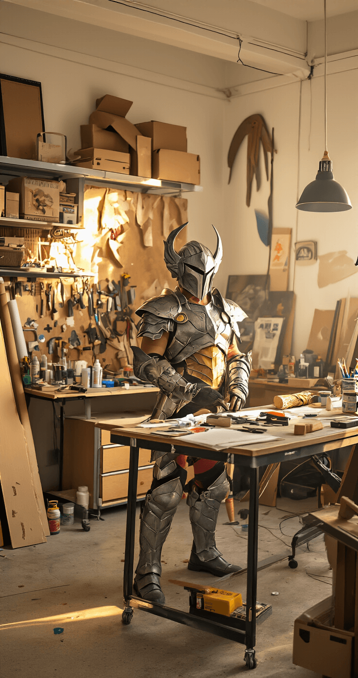Dress to Impress: Your Ultimate Creating Show-Stopping Cosplay Outfits A cosplayer fits a handcrafted armor piece in a spacious, well-lit bedroom workshop, surrounded by works in progress and vibrant paint supplies, with precision cutting tools on an industrial work table, capturing the essence of the creative process during golden hour.