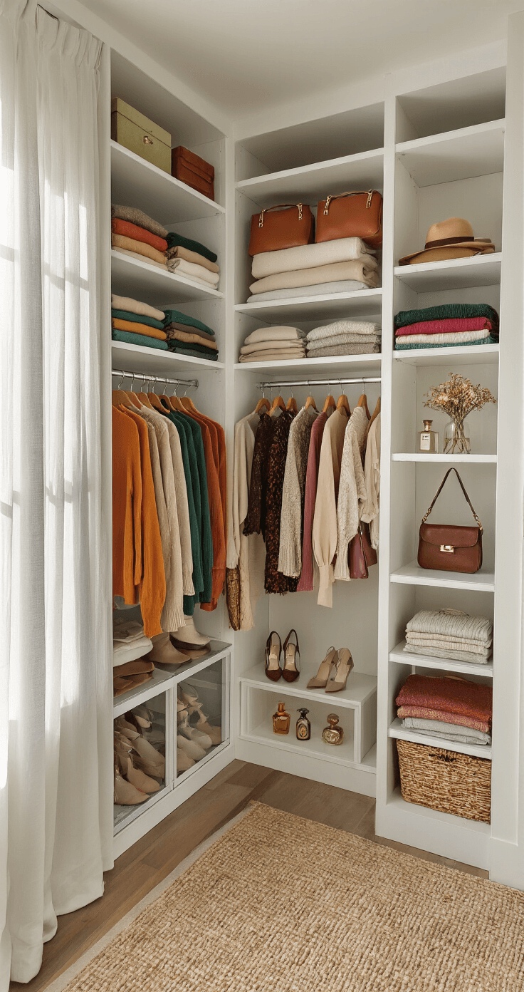 The Ultimate Guide to Nailing Your Gojo Cosplay: Tips from a Fellow Fan A bright, airy walk-in closet with organized open shelving and glass-front wardrobes, featuring neatly folded jewel-toned sweaters, hanging silk blouses, and a collection of designer handbags, while small dried flower arrangements and vintage perfume bottles add personal touches, captured from above to highlight the layout and textures.