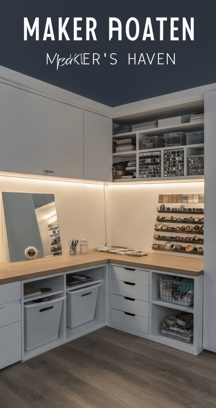 Small Space Cosplay Hacks: Maximizing Creativity in Minimal Rooms A corner view of a minimalist 12x12ft maker's haven at dusk, featuring a clever wall-mounted storage system, a retractable craft station, and sleek white storage cubes, all illuminated by dramatic side lighting.