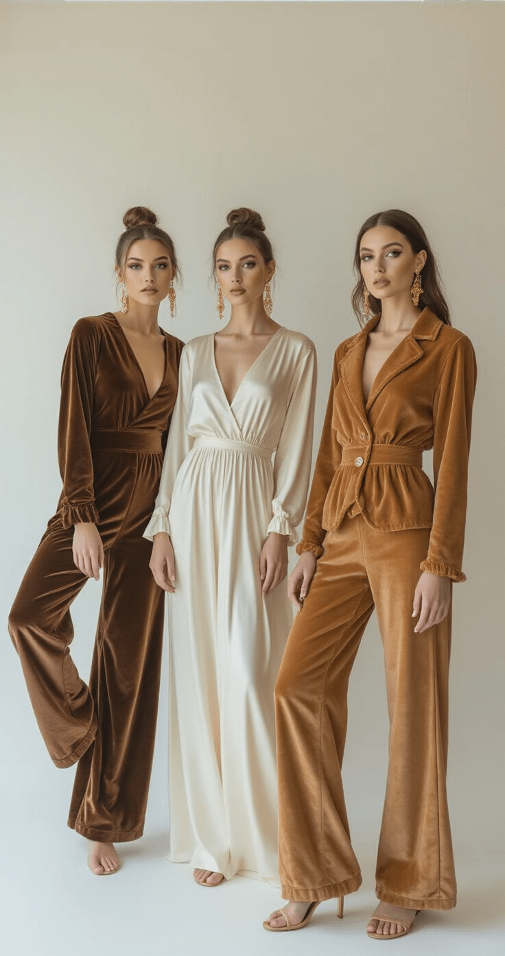 Trio Halloween Costumes: Ultimate Guide to Coordinating Your Squad's Look Group of models dressed in high fashion interpretations of S'mores costumes, featuring a chocolate brown velvet bodysuit, an ivory silk charmeuse dress, and a caramel suede ensemble, styled with gold accessories. The minimalist white studio space with soft diffused lighting showcases the luxurious textures of the fabrics, and creative makeup with subtle shimmer enhances the overall look. Multiple angles capture the intricate details of the outfits.