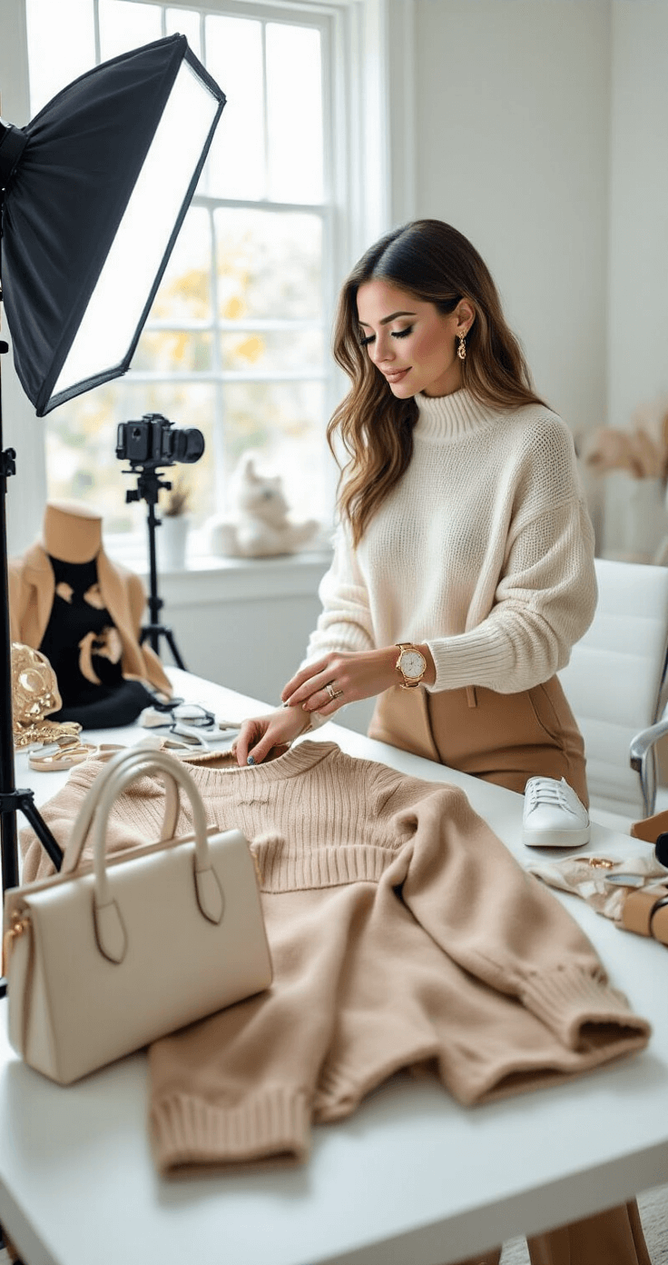 A stylish content creator in a cream cashmere sweater and high-waisted camel trousers adjusts lighting equipment in her well-lit home office, photographing her Halloween costume on a white desk, with costume props artfully arranged nearby.