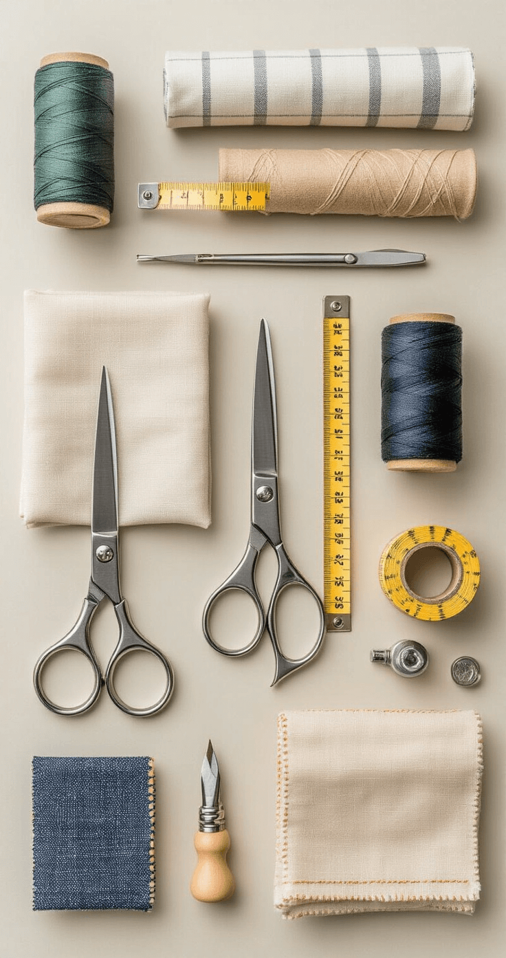 Dress to Impress: Your Ultimate Creating Show-Stopping Cosplay Outfits Flat lay of essential cosplay tools, including premium scissors, measuring tape, and sewing supplies, arranged aesthetically with fabric swatches, captured in soft daylight with a clean, minimal backdrop highlighting metallic details.