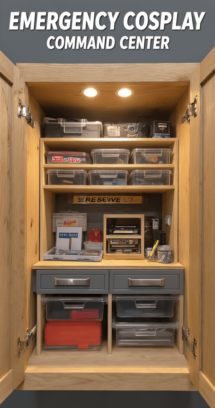 Small Space Cosplay Hacks: Maximizing Creativity in Minimal Rooms Close-up view of a meticulously organized 4x6ft emergency cosplay command center, featuring custom-built shallow cabinets, clear acrylic organizers, and warm task lighting illuminating rich wood tones and brushed nickel hardware.